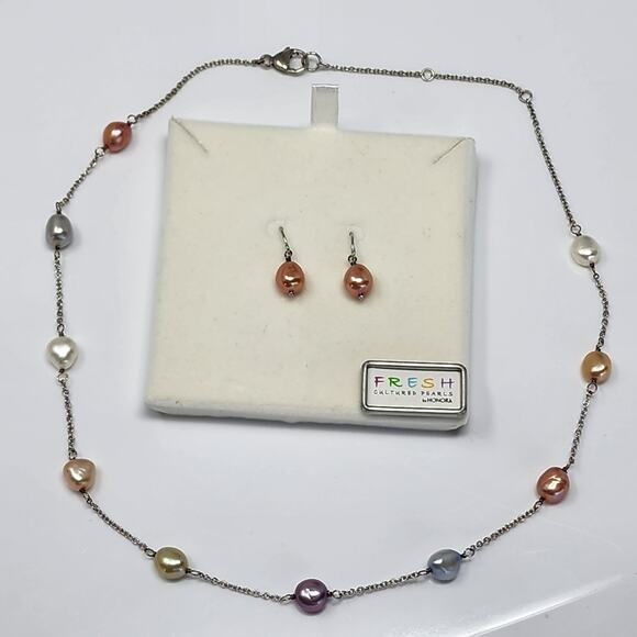 NWT Honora Cultured Pearl Sterling Silver Necklace Earring Jewelry Set - Picture 1 of 7